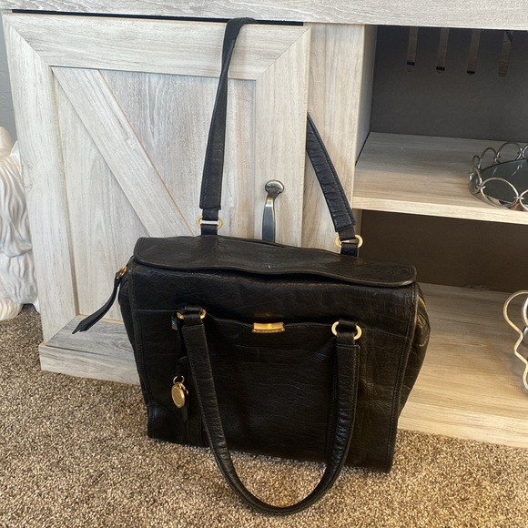 T Tahari Genuine Leather Handbag Purse Satchel Large Tote Black Gold Accents - Picture 4 of 16